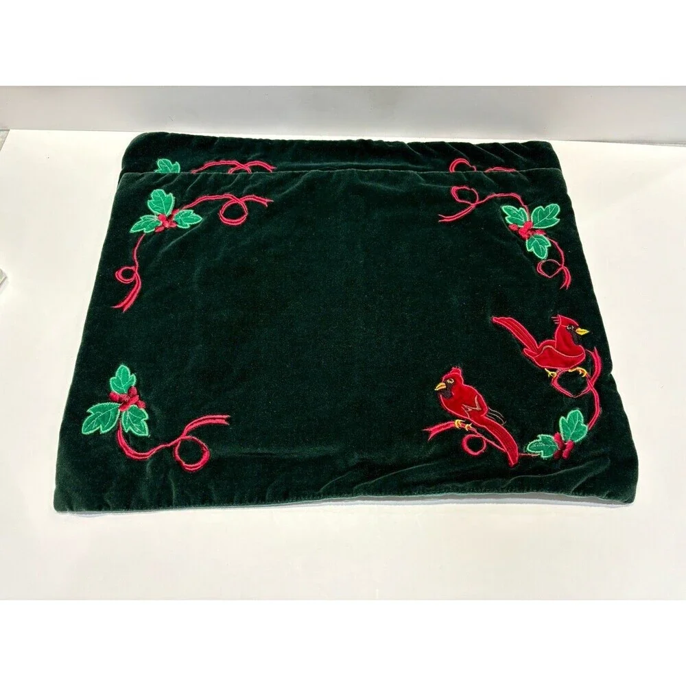 Christmas Placemats Quilted Embroidered Velvet Cardinal Holly Set of 4 13x17